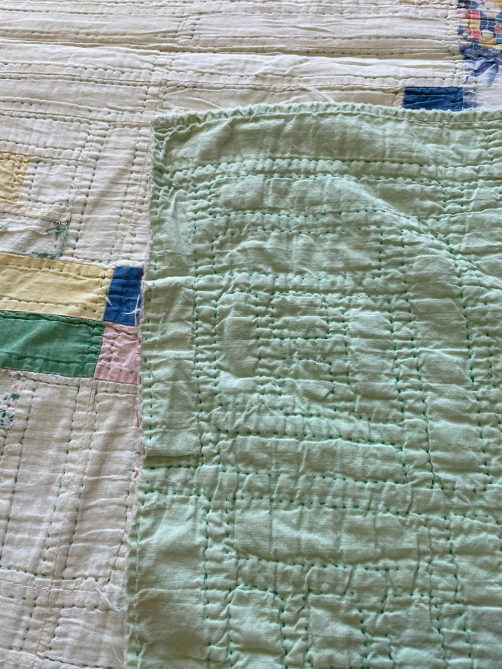 Vintage 1930s 40s Feedsack Log Cabin Quilt Hand Quilted Cutter Folk Art